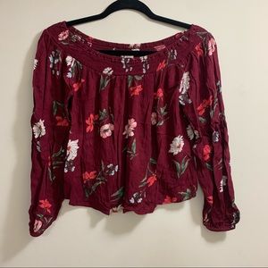 Hollister Floral Ruched Elastic Sleeve Top Burgundy Size Small